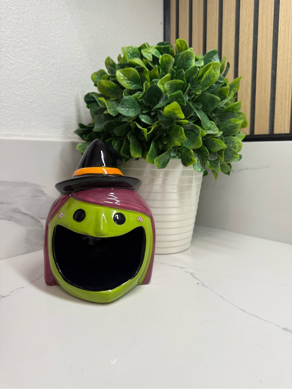 Green Witch Ceramic Candy Holder with Purple Hair